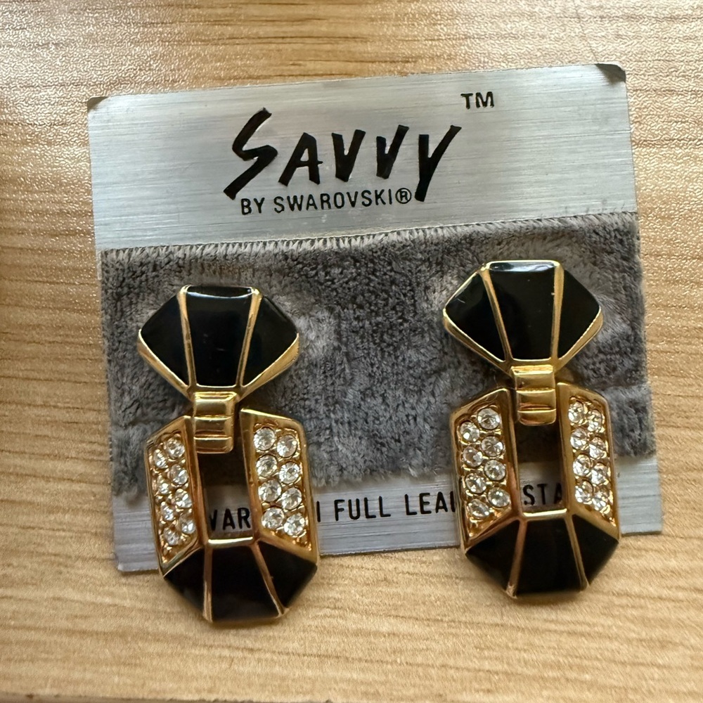 New with Original Card SAL Swarovski Crystal Clip Earring, Art Deco Black Enamel